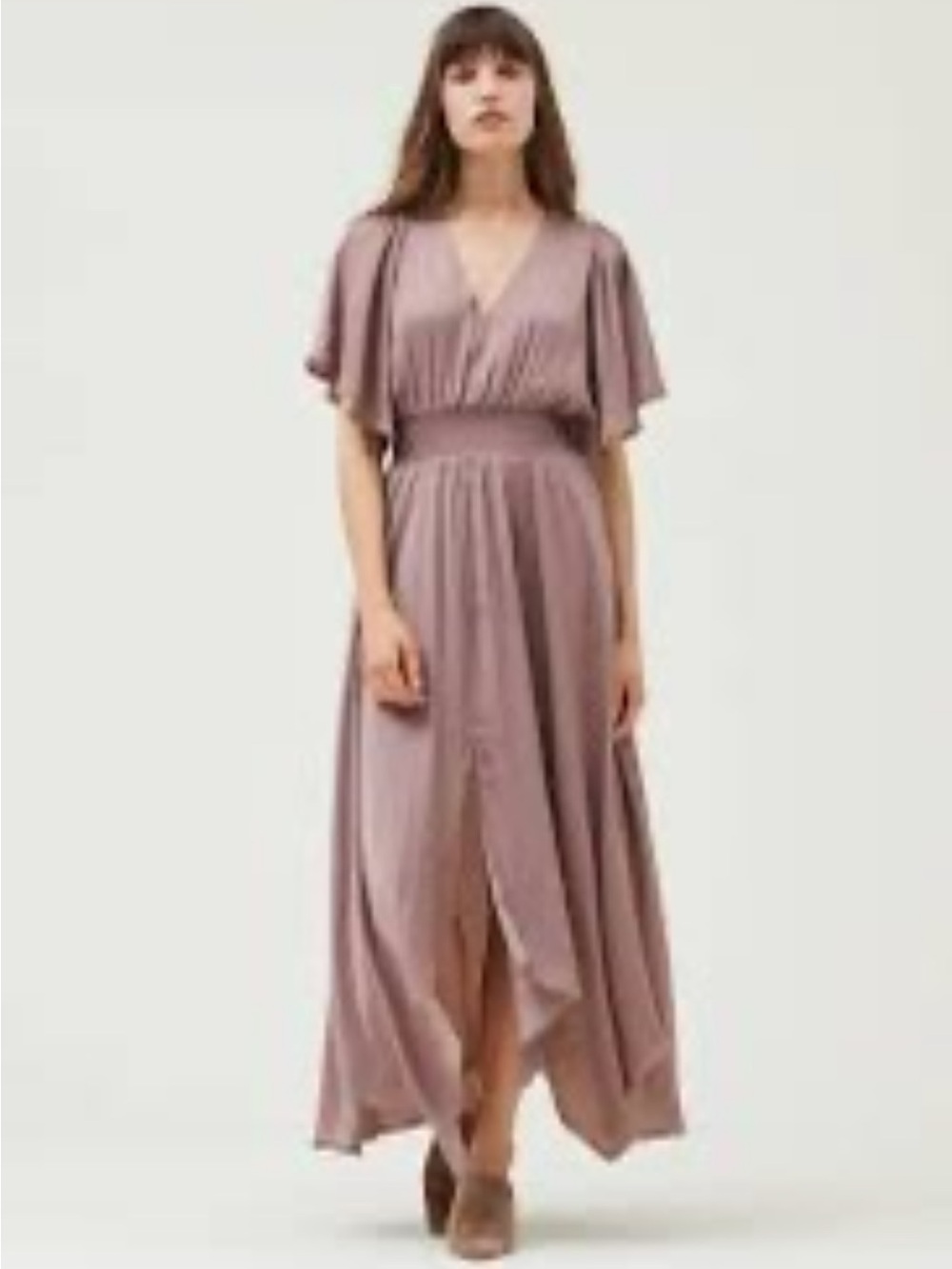 Grade & gather medium Brown Flowy Maxi Dress Smocked Waist slit hem mocha